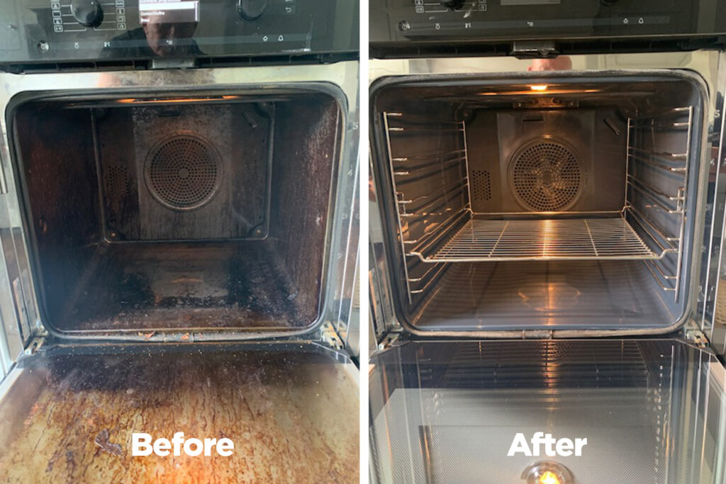 Before and after of an oven clean