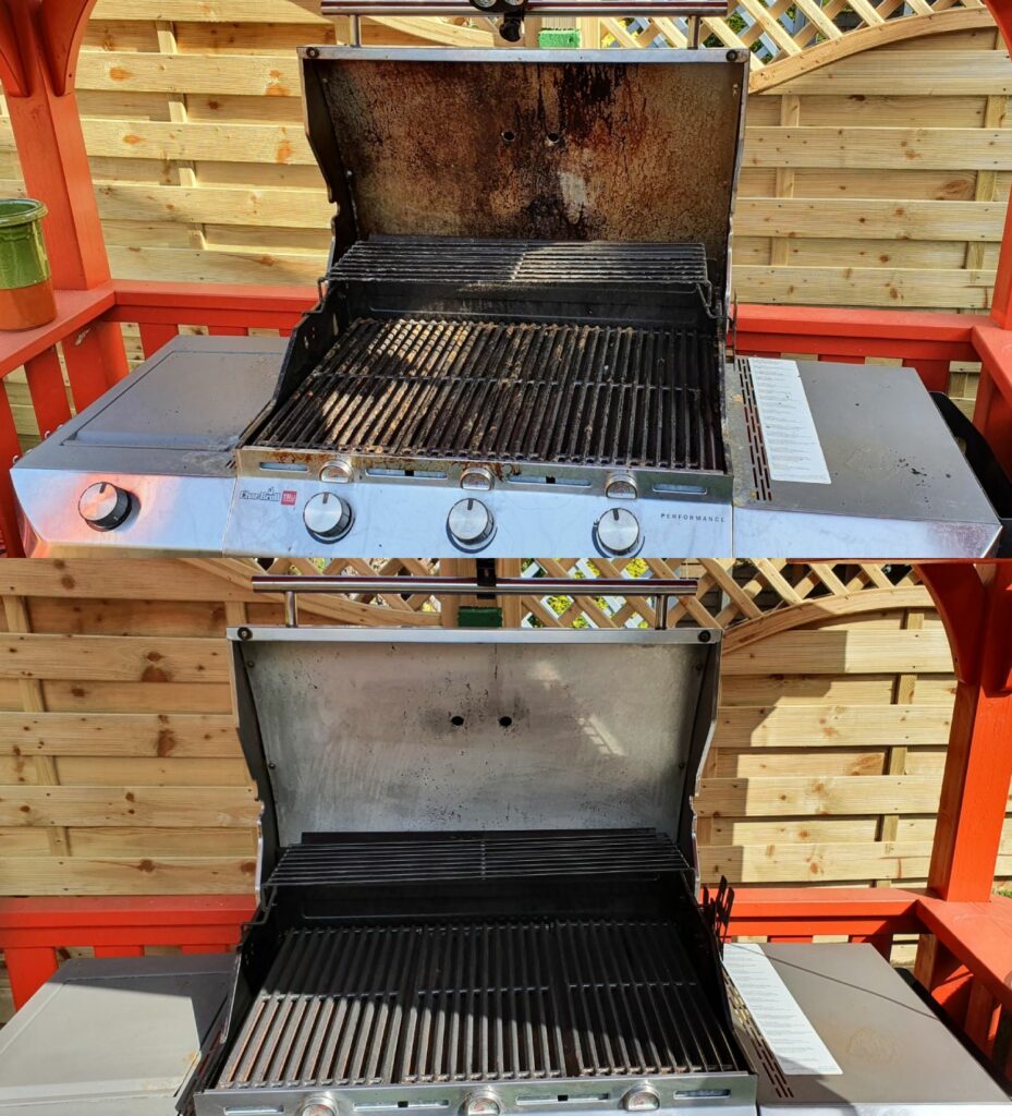 Before and after picture of a dirty bbq than has been cleaned