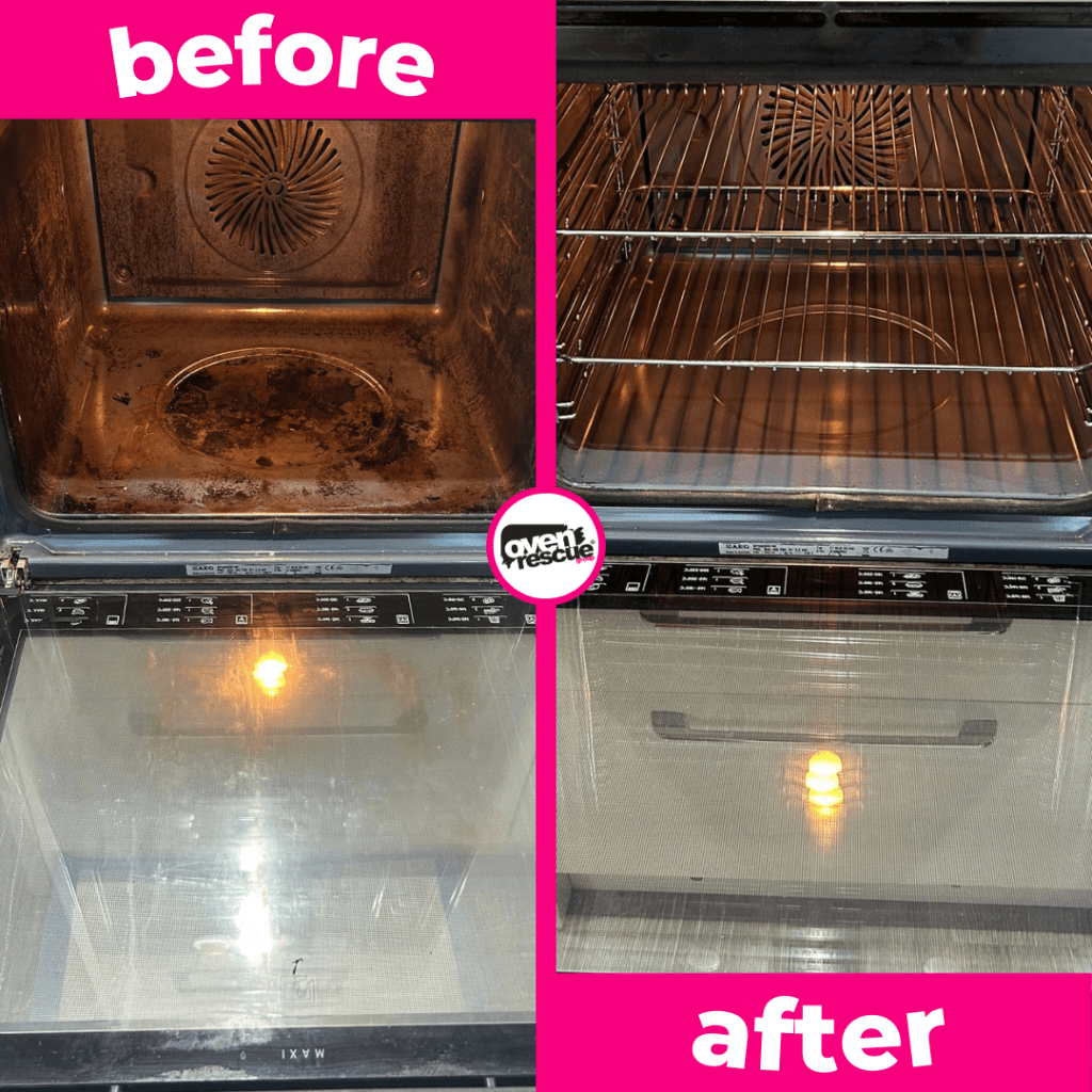 before vs after of an oven clean done by oven rescue
