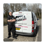 A man in black work attire leans against a white van with "Oven Rescue" branding. The setting is outdoors, with trees in the background. The tone is professional.