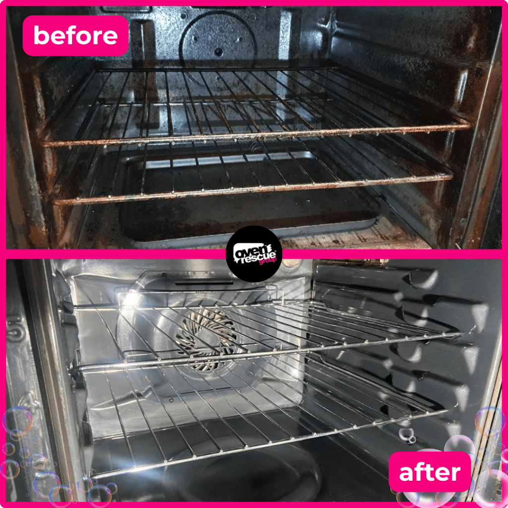 Split image of an oven with two racks. The top "before" is dirty and grimy, while the bottom "after" is clean and shiny. Bright pink labels.