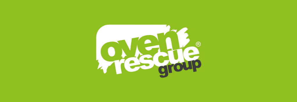 Logo of Oven Rescue Group with white text on a bright green background. The words "oven rescue" appear bold, overlapping, with "group" in smaller font below.