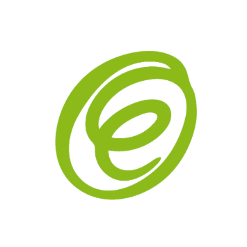 Green spiral-like "e" logo on a white circle with a black border, conveying a modern and eco-friendly feel.