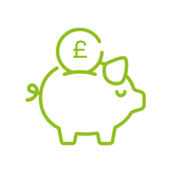 A green line drawing of a piggy bank with a coin featuring a pound symbol being inserted. The image conveys savings and financial growth. White background.
