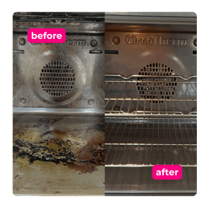 Oven before and after professional deep cleaning to remove grease and burnt-on residue