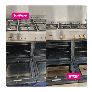 Oven before and after professional cleaning, showing grease and burnt-on residue removed
