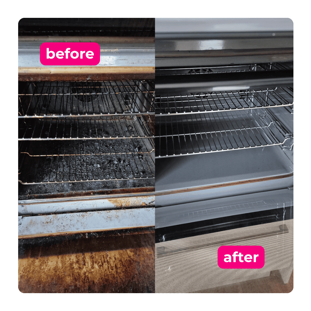 Oven showing heavy grease and burnt-on food before and after professional cleaning