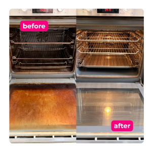 Oven interior before and after professional cleaning with grime and food residue removed