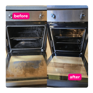 Oven with heavy grease build-up before and after professional cleaning
