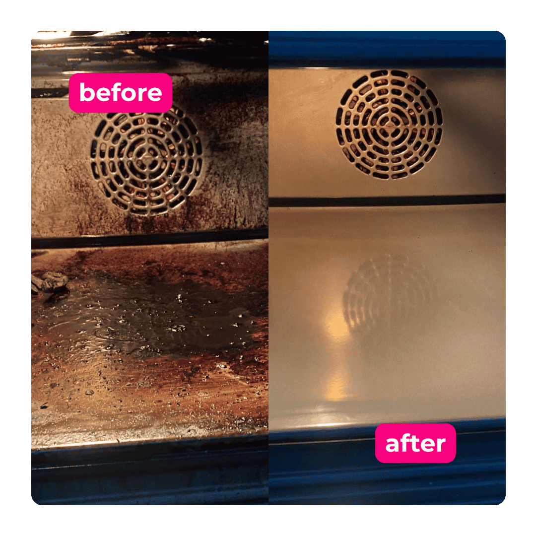 Dirty oven before and after a professional deep cleaning service