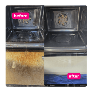 before and after of greasy, grubby oven