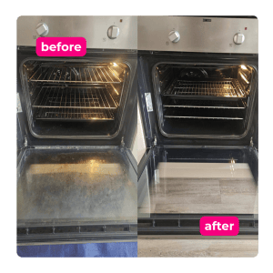 Oven before and after professional removal of burnt-on food and grease
