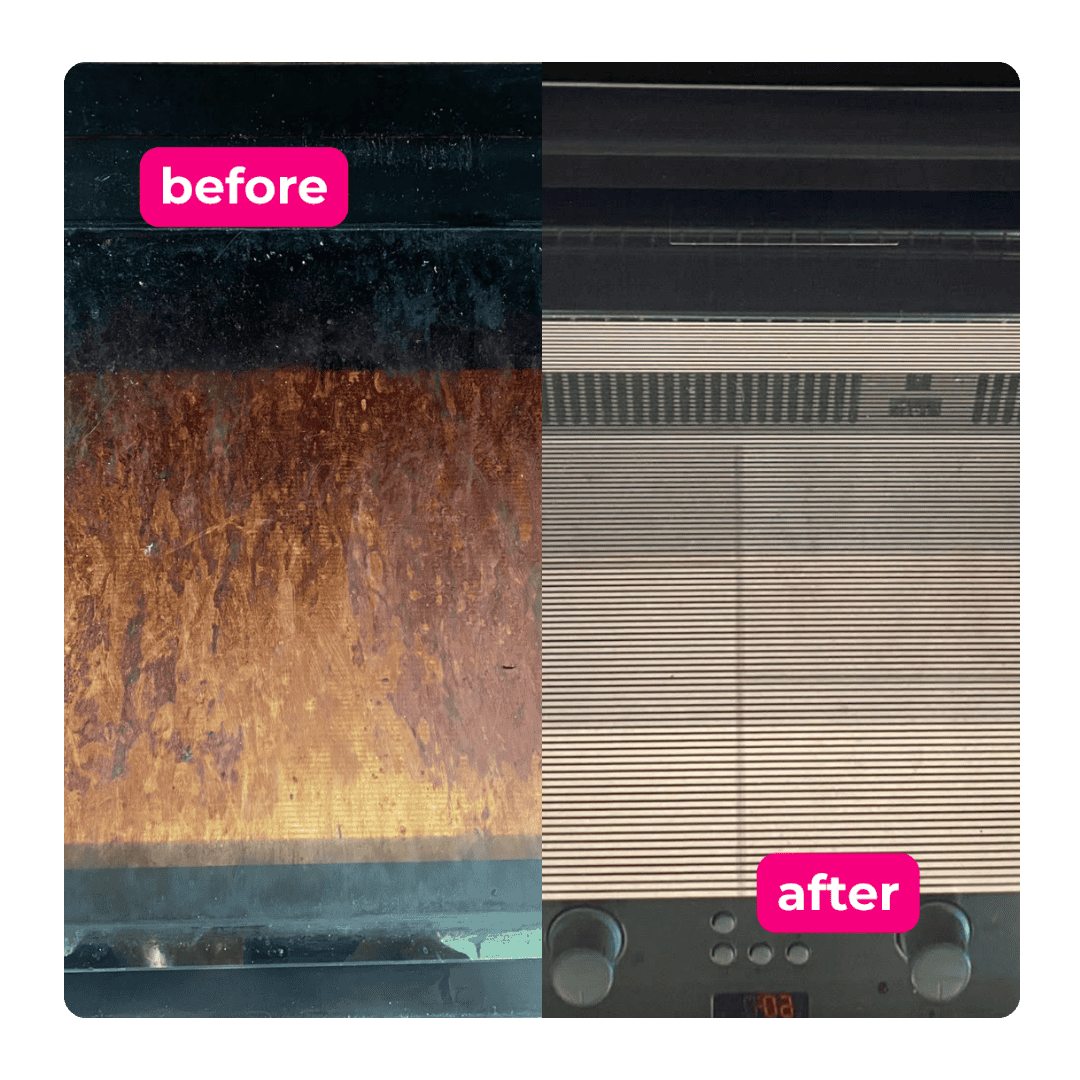 Oven with burnt-on residue before and after professional cleaning