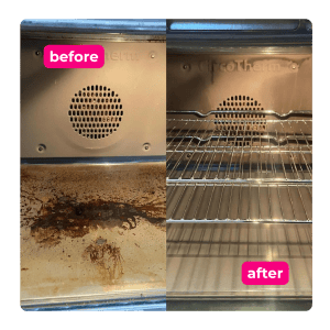 Oven with baked-on food and grime before and after professional cleaning