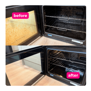 Oven before and after removal of stubborn grease and baked-on residue