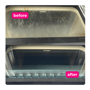 Heavily soiled oven before and after a professional deep clean