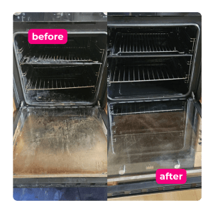Dirty oven before and after professional cleaning to remove dirt and grime