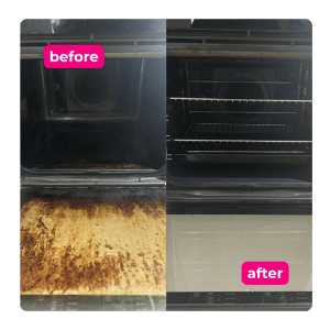 Heavily soiled oven before and after a professional cleaning service