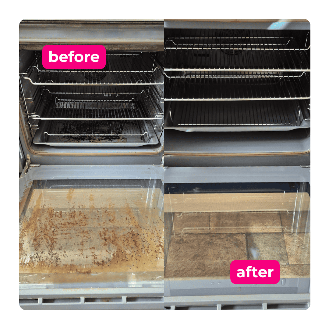 Oven interior before and after professional cleaning with grease and grime removed