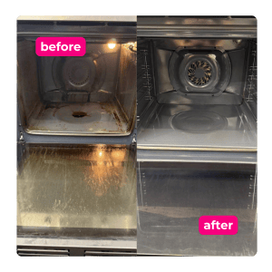 Oven before and after cleaning to remove baked-on dirt, food and grease