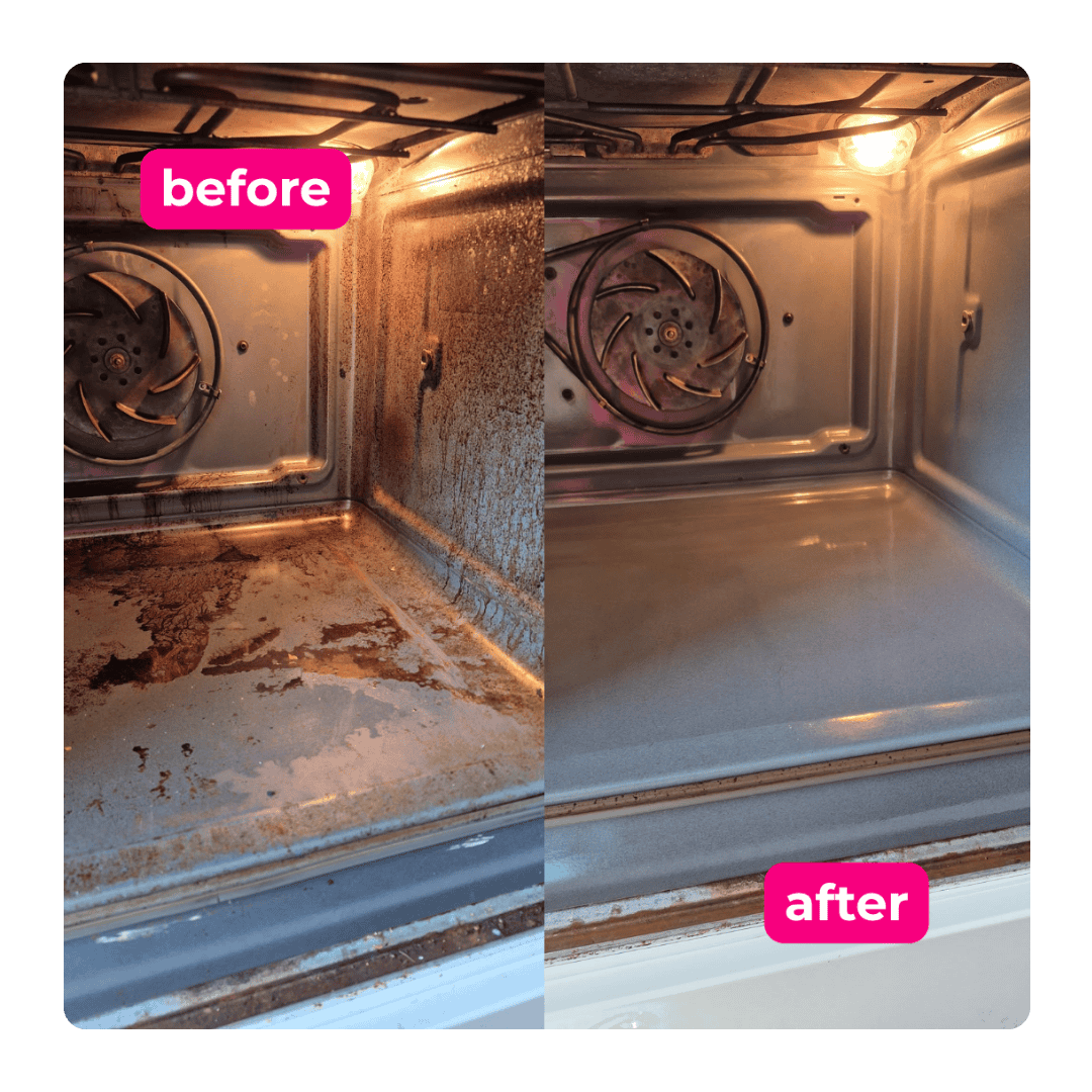 Dirty oven before and after a professional deep clean removing baked-on residue