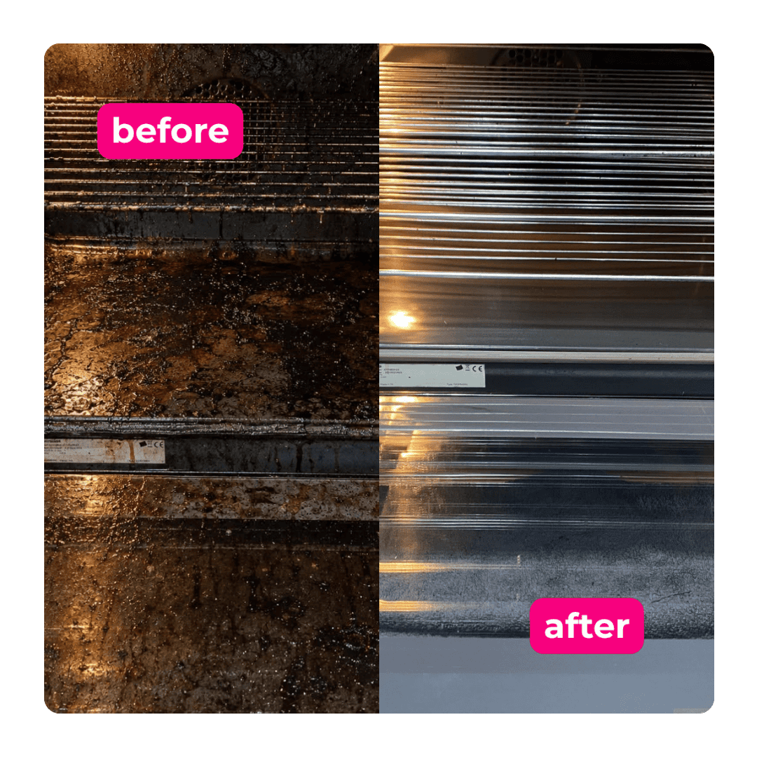 Oven before and after professional cleaning removes built-up grease and grime