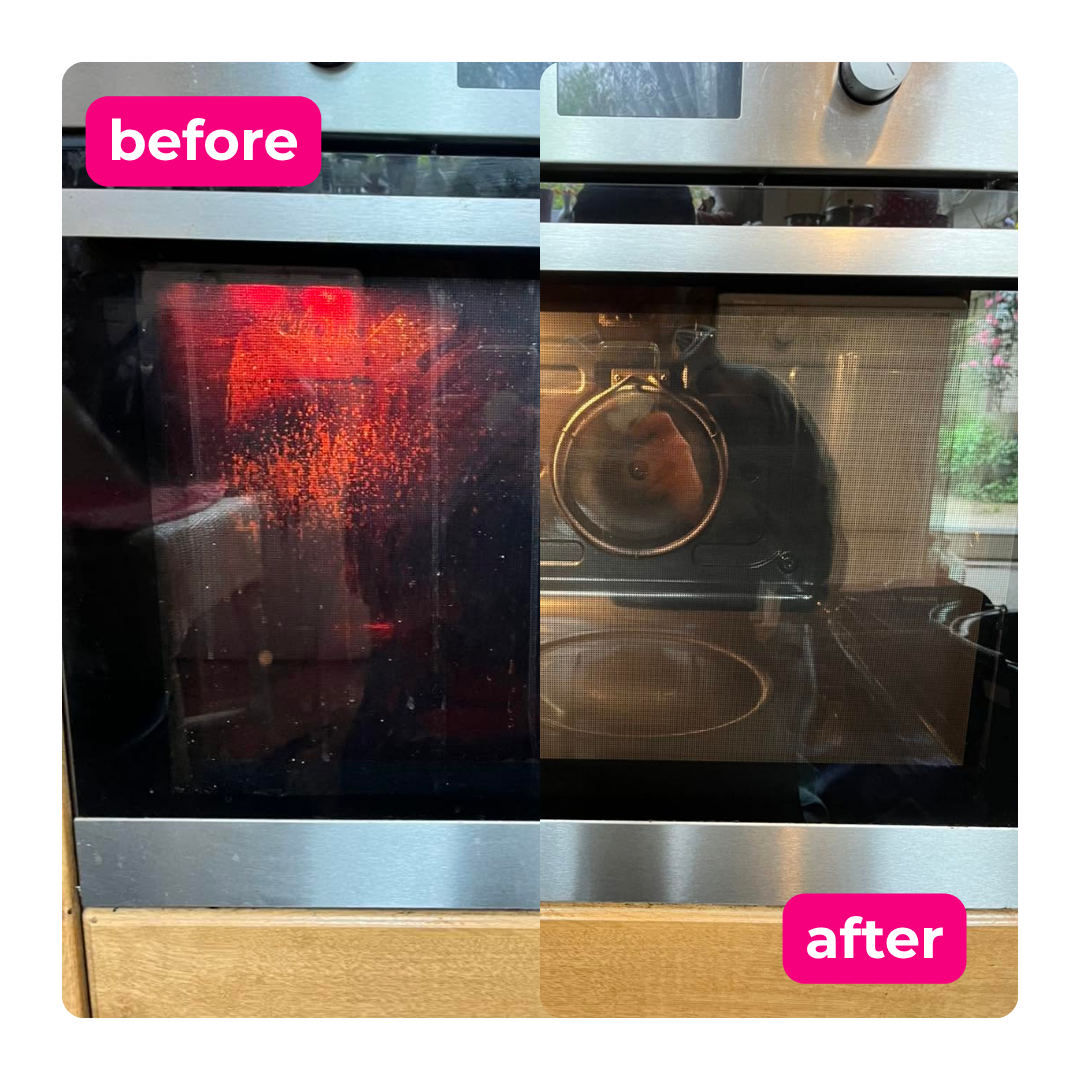 Interior view of an oven before cleaning, and after a deep clean with racks in place.