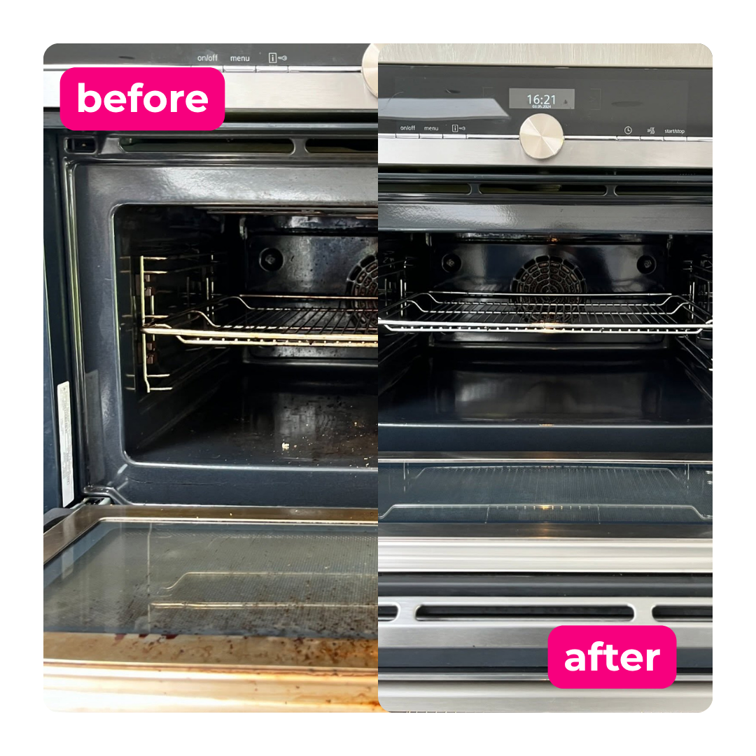 Split image showing a Rangemaster oven interior before and after a professional clean, with the door open.