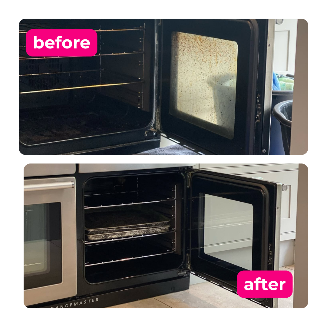 Before-and-after comparison of a heavily soiled oven door compared to a gleaming clean one.